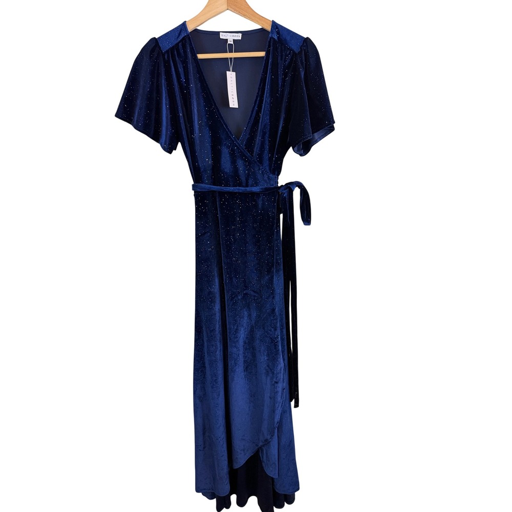 Baltic Born Calvin Sparkle Velvet Wrap Dress Size M Navy Blue Glitter